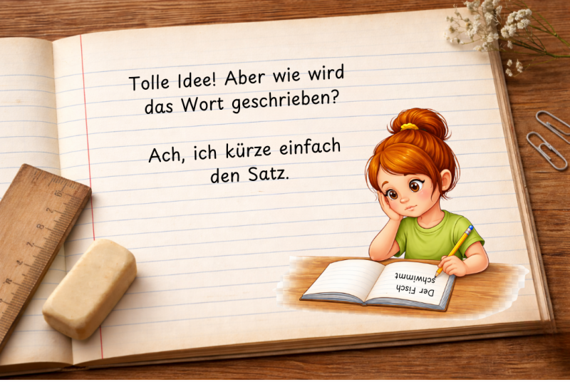 Grundschulkind schreibt und überlegt, ob es einen Satz verkürzen soll, weil es unsicher bei der Rechtschreibung ist – Symbol für Einfluss von Rechtschreibunsicherheit auf Textstruktur.