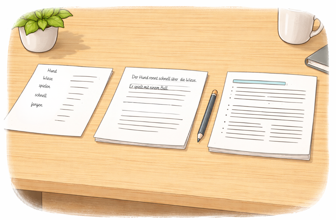 Minimalistische Illustration eines Schreibtischs mit drei Blättern: links einzelne Wörter, in der Mitte verbundene Sätze, rechts ein strukturierter Text mit Absätzen – Symbol für Schreibentwicklung von der Grundschule bis zur Sekundarstufe.