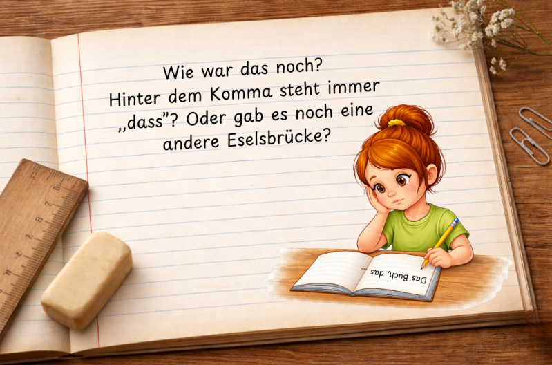Kind überlegt beim Schreiben, ob ein Wort groß- oder kleingeschrieben wird – Symbol für wiederkehrende Rechtschreibfehler trotz Übung