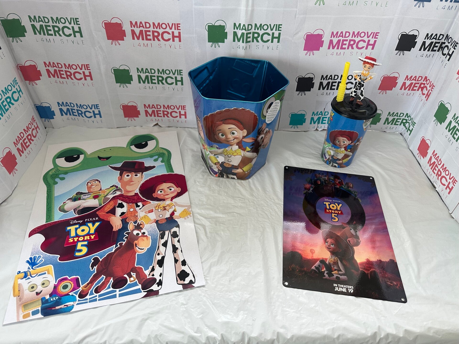 Toy Story 5 movie popcorn bucket,drinks cup with Jesse topper and poster bundle