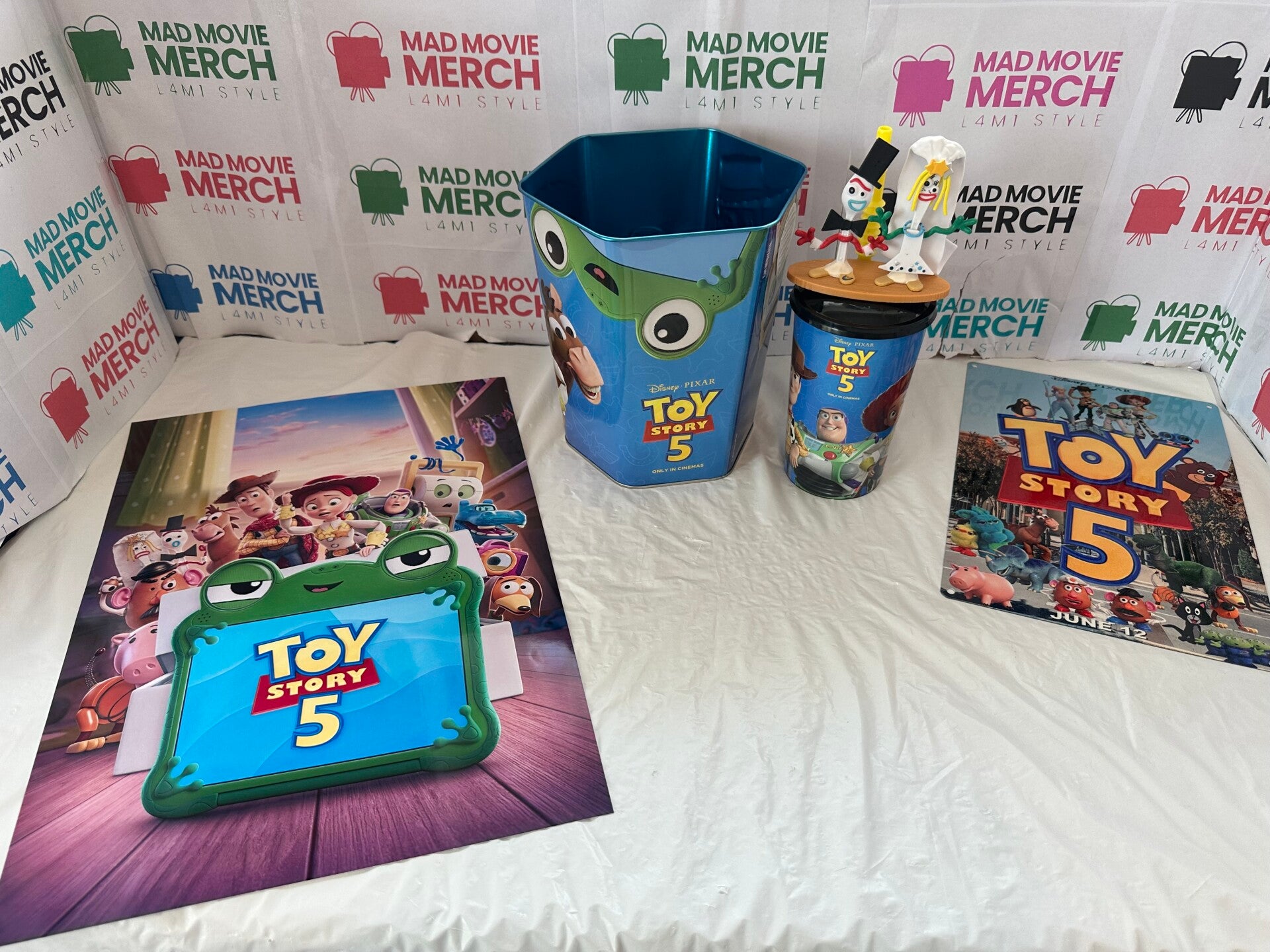 Toy Story 5 movie popcorn bucket,drinks cup with Mr and Mrs Forky topper and poster bundle