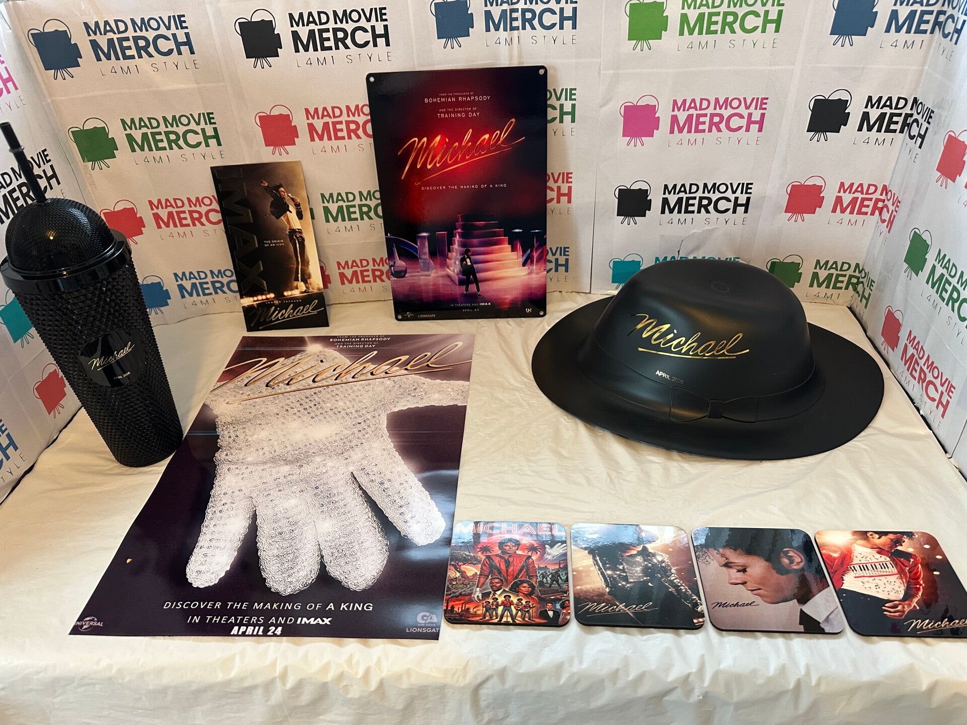 Michael movie Fedora Hat Popcorn Bucket Microphone Drinks Cup and poster Bundle