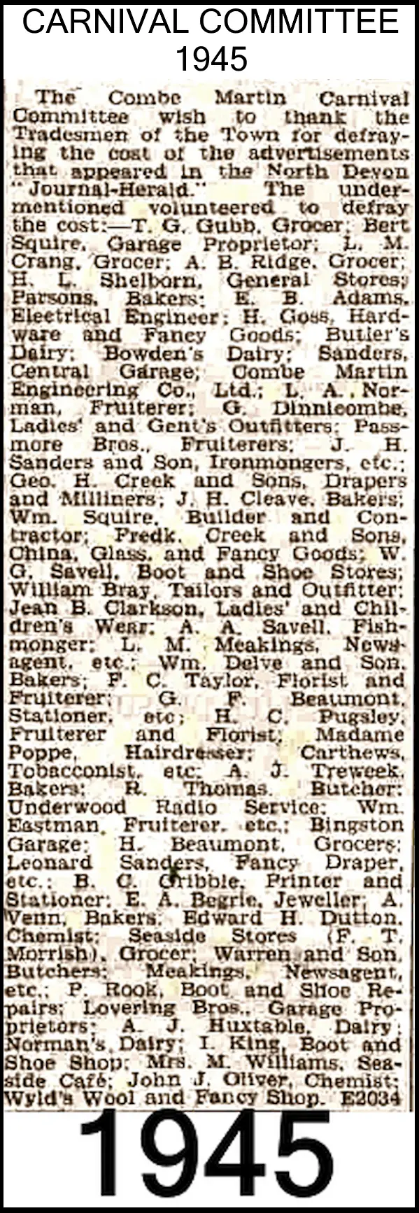 Combe Martin History | Combe Martin Carnival 1945 | Names of Financial Supporters