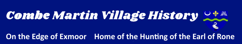 Silver mining | Combe Martin Village History – On the Edge of Exmoor | Home of the Hunting of the Earl of Rone| | Features a blue background, white text, the Combe Martin village crest, and a clickable hand icon.