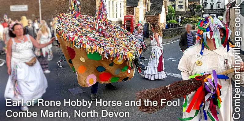 Webp. Photo of the Earl of Rone Hobby Horse and the Fool. Combe Martin, North Devon.
