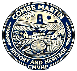 Logo for the Combe Martin Village History Project (CMVHP).  Round, blue and white with text: "Combe Martin History amd Heritage".