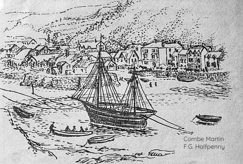 png. Combe Martin Harbour old sketch by F.G. Halfpenny