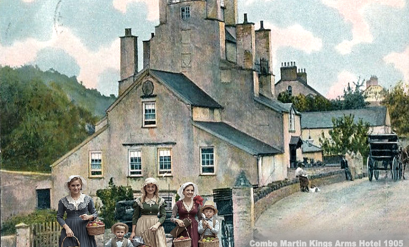 Combe Martin Pack o' Cards Inn, North Devon.  Photograph datd 1902 - Fruitsellers outside the Pack o' Cards Inn.