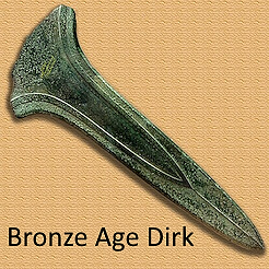 Photograph of a Bronze Age dirk with a broad, leaf-shaped bronze blade and pointed tip, showing a greenish patina from age. 