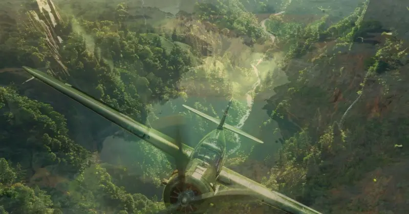 A light motor aircraft is flying above the African safari zone.