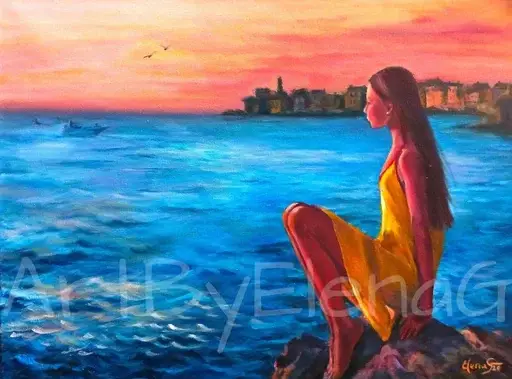 On the sunset coast of the blue sea, a yellow-dressed girl waits for something important. Original art by ElenaG.