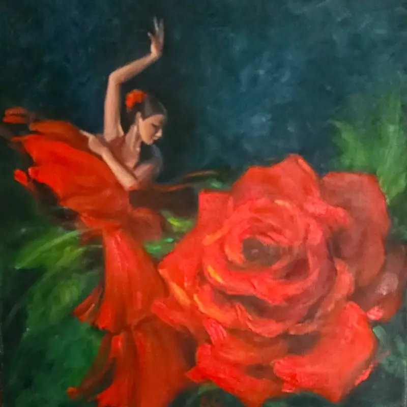 Original figurative oil painting by Elena Gaevskaya. In the vibrant red flamenco style, a Spanish lady dances. 
