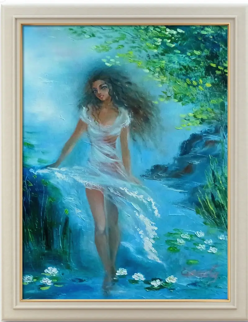 Original oil painting by Elena Gaevskaya. A young woman in a white dress is walking on the lake's surface.