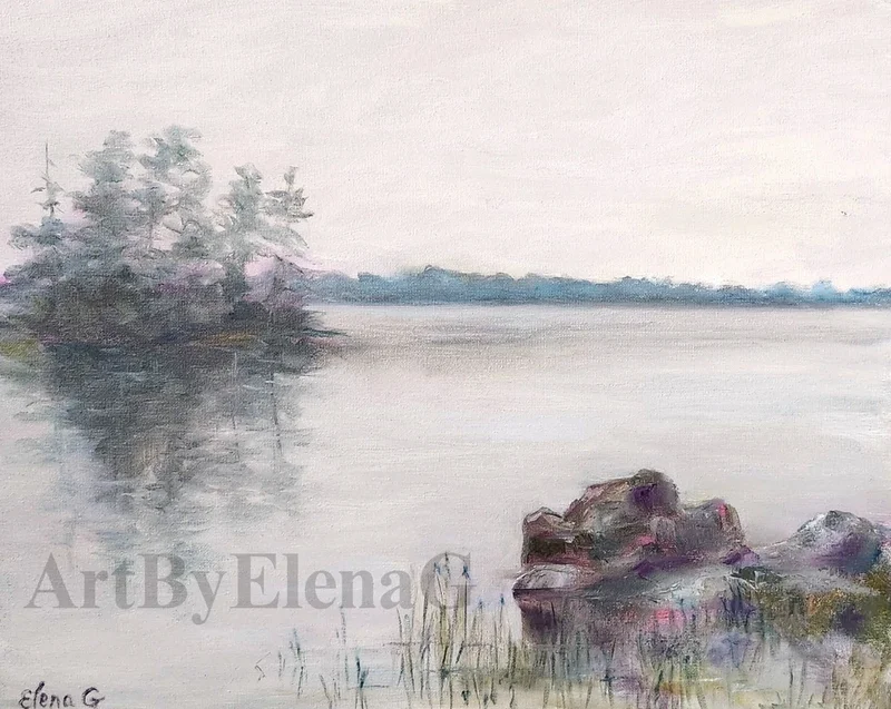 The lake surface stretches from the foreground reeds to the island coast, which is covered with spruce trees. Original oil painting (landscape art by Elena Gaevskaya.