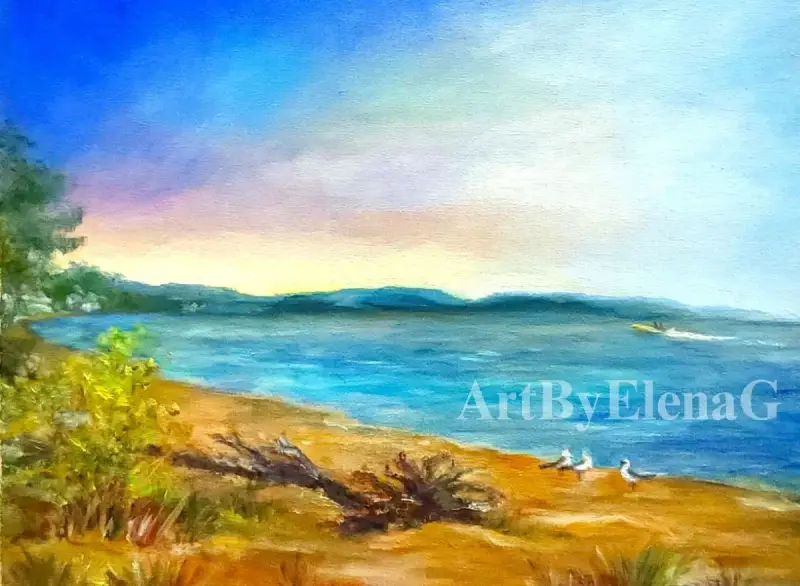 Original oil painting by Elena Gaevskaya. Evening lake coast with seagulls and a storm-damaged tree.