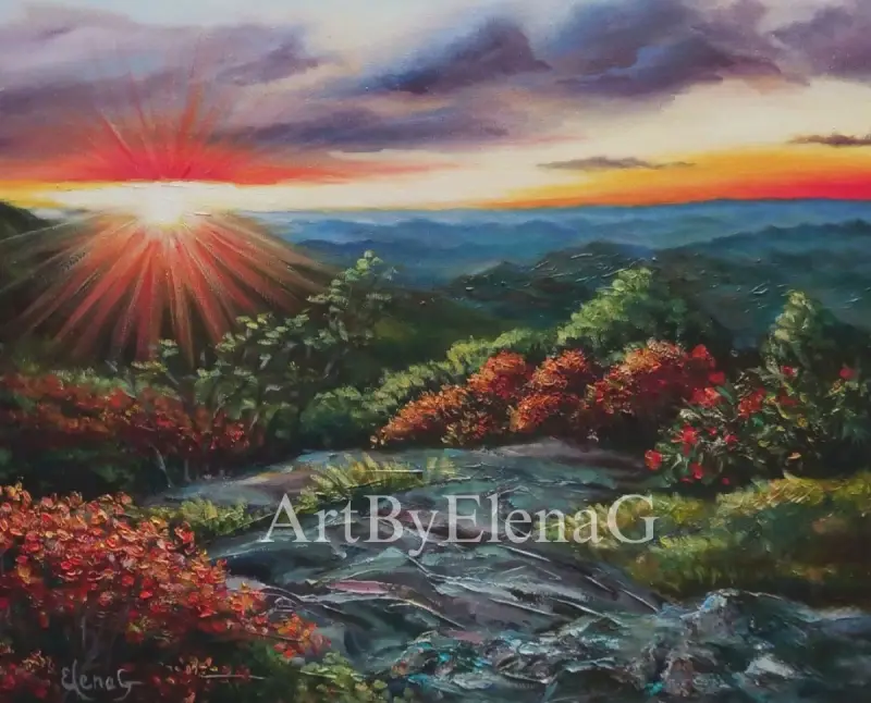 The rising sun's brilliant beams illuminate the mountain ranges and the surrounding valley. Original oil painting by ElenaG.