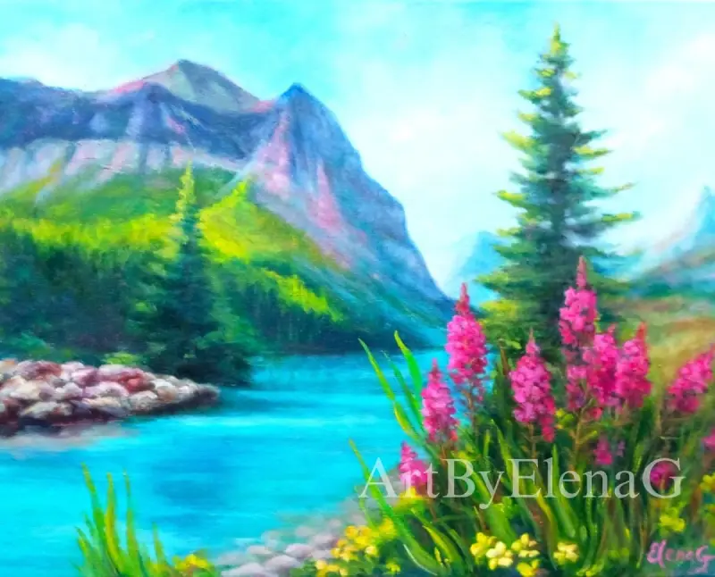 Original oil painting by Elena Gaevskaya. A lush right bank and a mountainous, wooded left bank are separated by the emerald-colored river, lined with spruce trees and other colourful vegetation.