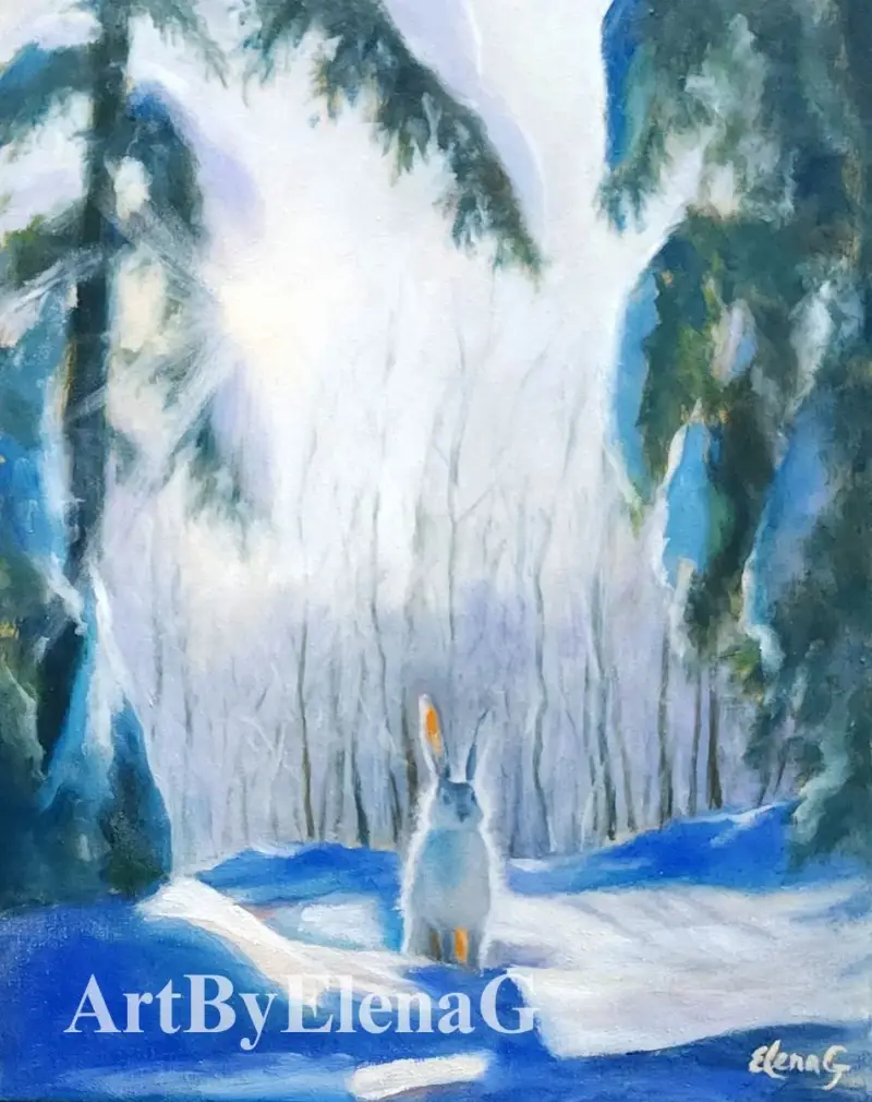 A hare sits on the edge of a snowy forest. Winter landscape made by ElenaG.
