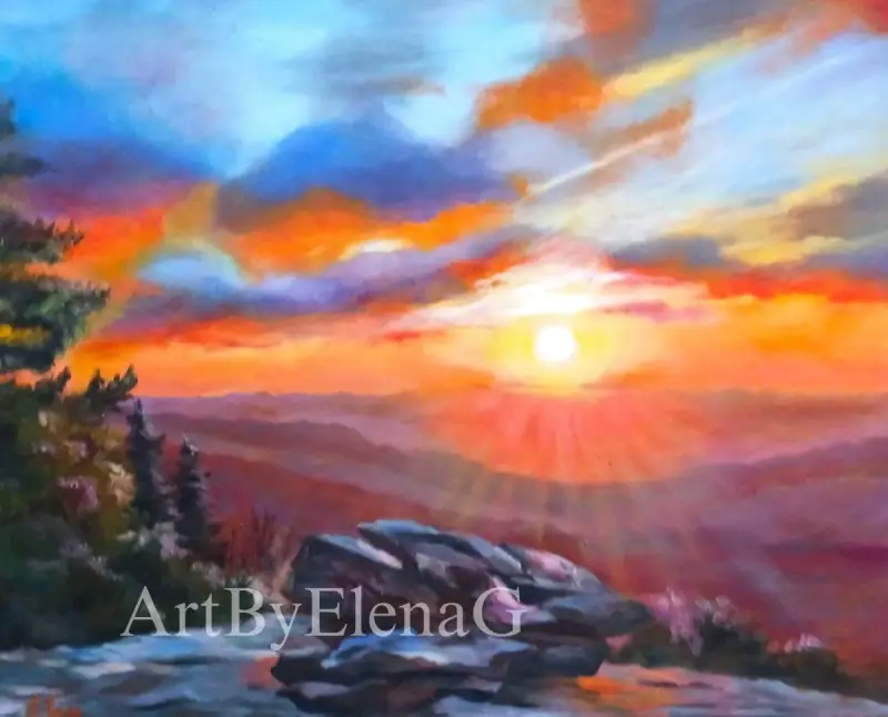 The morning started with an orange-red glow in the blue sky, and the sunrise's single beams completed the image. Original oil painting by Elena Gaevskaya.