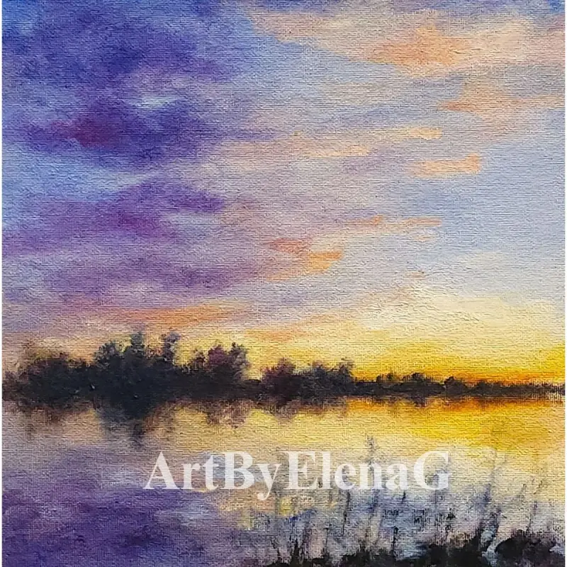 The lake's surface reflects the sunset sky in violet and yellow tones. Original painting by ElenaG.