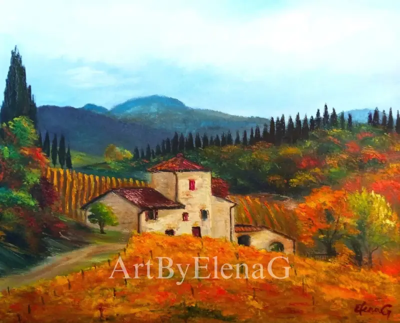 An old Tuscan stone house is surrounded by lush vines. The scarlet meadows contrast with the lush fir trees and azure sky. Original oil painting by ElenaG.