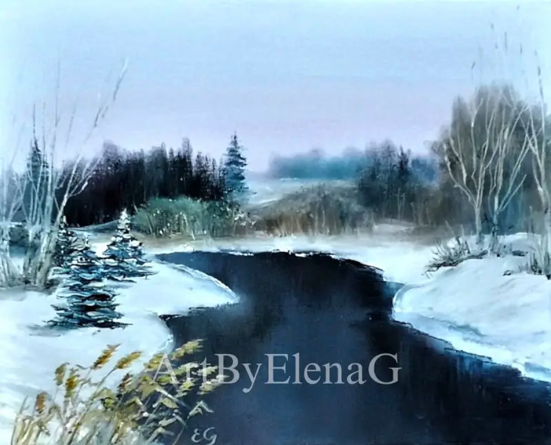 Original oil painting by Elena Gaevskaya. Black river and forest with white snow.