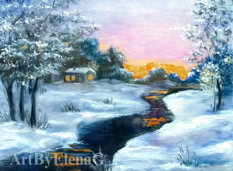 Winter landscape from ElenaG. The Black River divides the snowy banks. A hunting lodge is in the background.