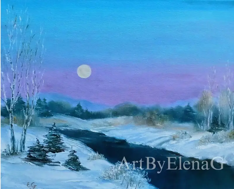 Original oil painting by Elena Gaevskaya. Winter sunset with pink clouds.