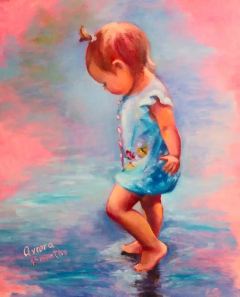 Original oil painting by Elena Gaevskaya. A small girl is dancing in the puddle.