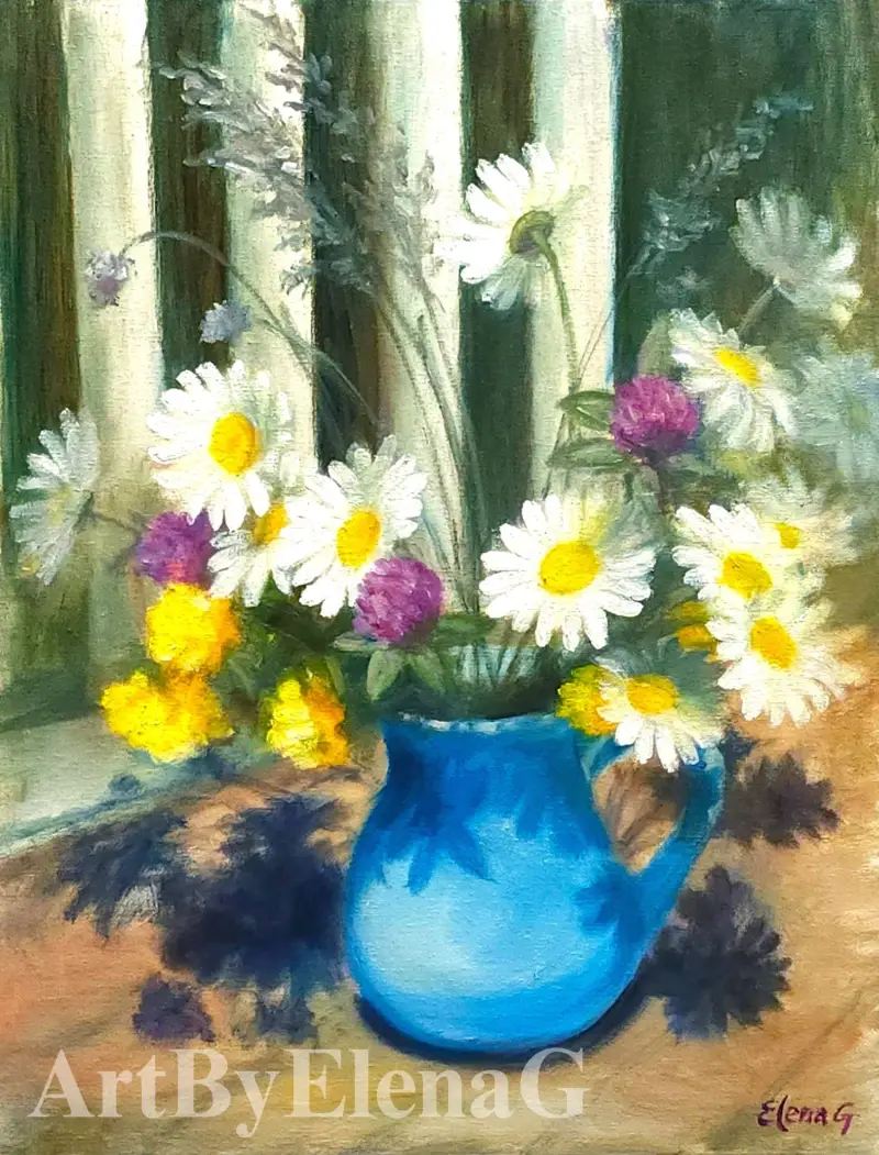 Original oil painting by Elena Gaevskaya. A field's daisies with yellow flowers in a ceramic vase.