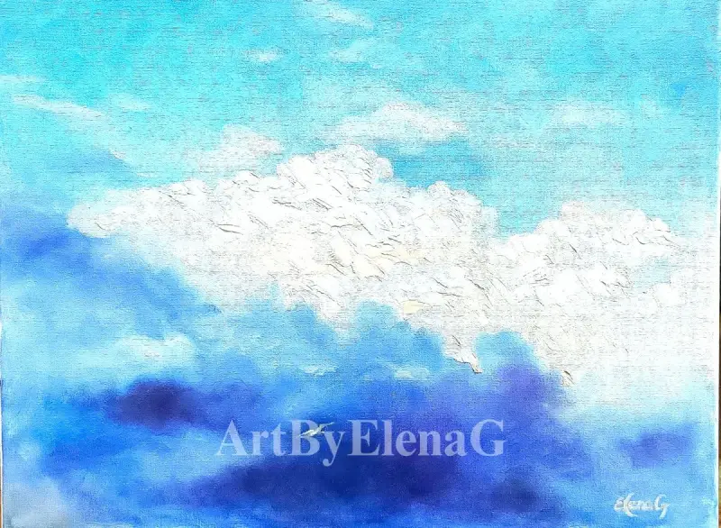 Original oil painting by Elena Gaevskaya. Thick white and silver clouds across a blue sky.
