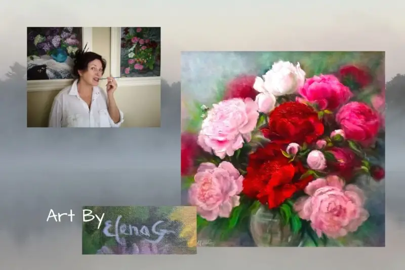 The portrait of artist ElenaG with her logo and a still-life oil painting, which was recently sold at the McLaren Art Centre.