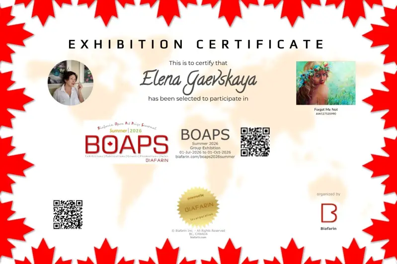 Certificate of participation at online exhibition with the photo of ElenaG, title, and painting.