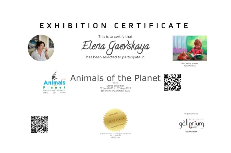 Exhibition certificate of artist Elena Gaevskaya. The theme is Animal of the Planet.