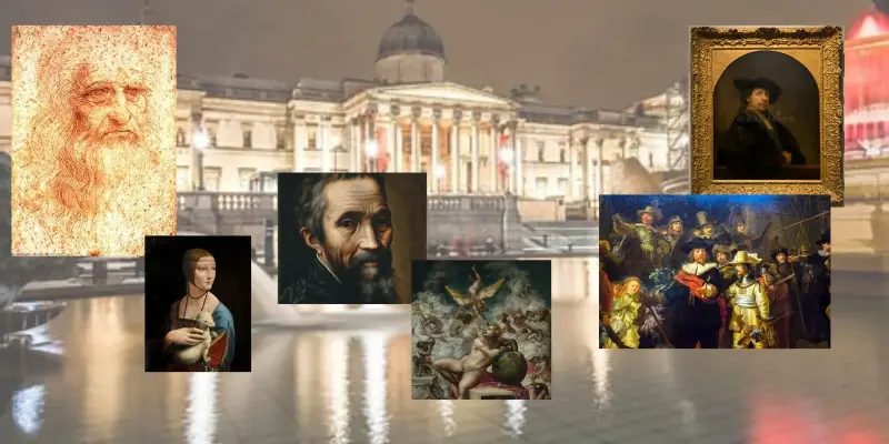 Collage with portraits of da Vinci, Buonarotti, and Rebrandt with their artworks. of 
