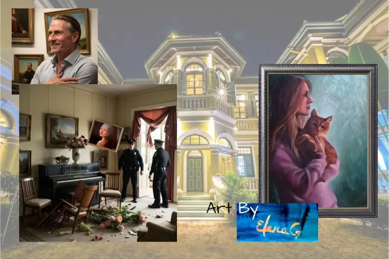 Collage with a photo of artwork by ElenaG, her art logo, a photo of a police investigation, and a photo of the main blog's character.