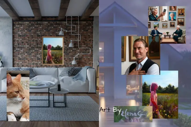 A collage of photographs of the blog's protagonist, ElenaG's art, and the protagonist meeting an old woman.