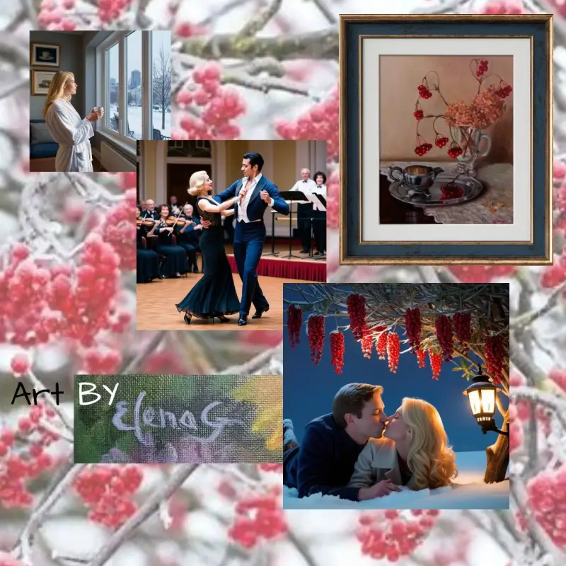 Against a backdrop of snow-covered viburnum berries, an original painting by ElenaG, and a couple dancing the tango, a blonde woman gazes out the window, while she kisses a brunette man.