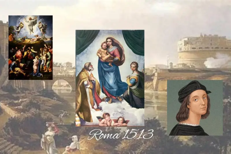 Against the backdrop of a Roman landscape, a portrait of Raphael and images of his original artwork.