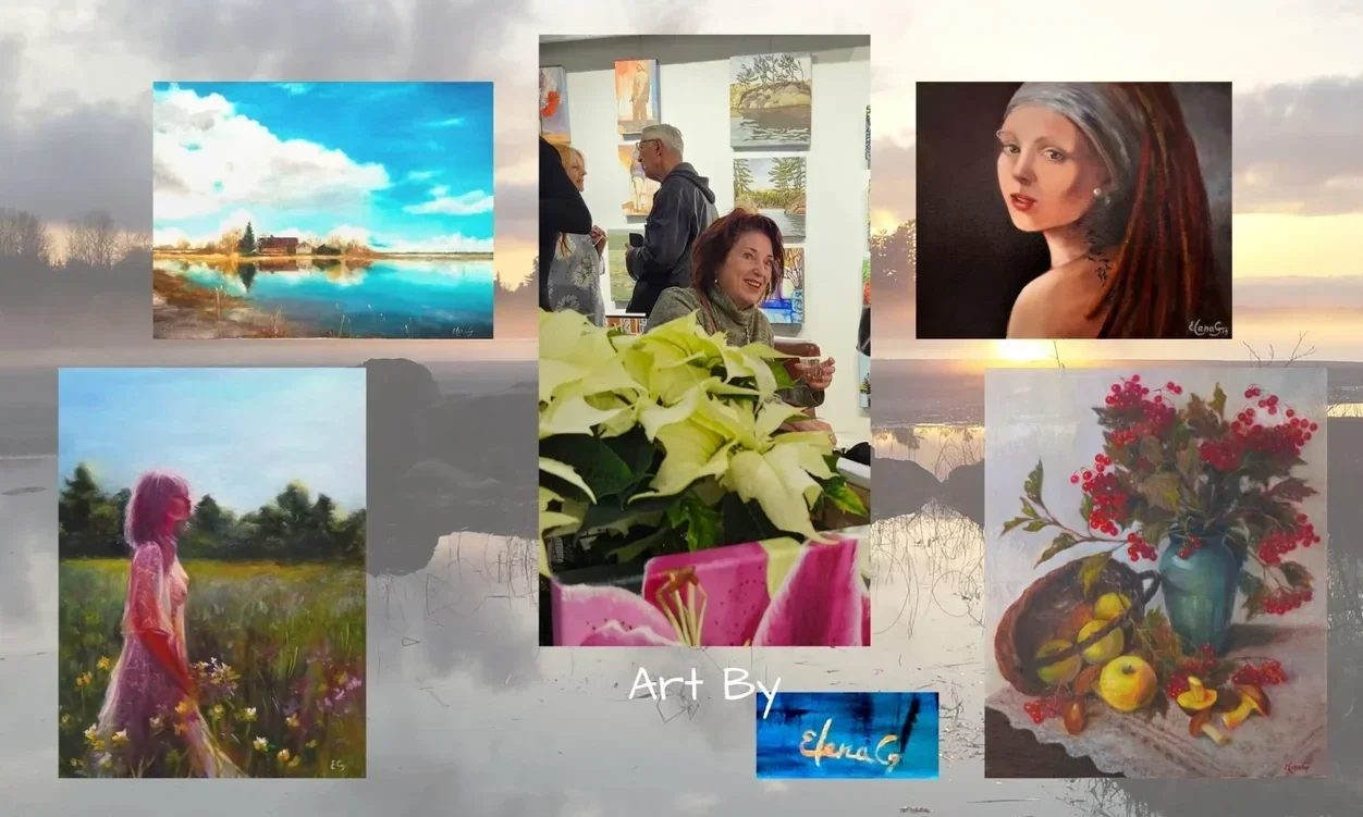 An artist, ElenaG, and her original artworks: landscape, figurative, still life, and portrait. 