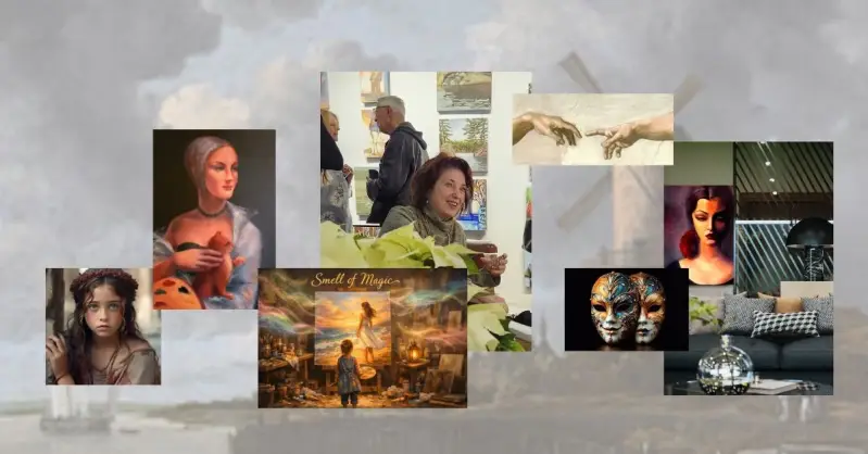  collage with paintings of ElenaG from her portrait series and her image.