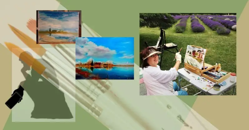  Set against a green background with brushes, landscape paintings by ElenaG and her photo at the plein air.
