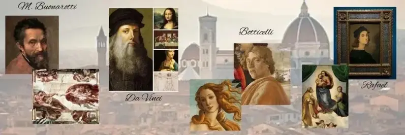 Collage with portraits  of Buonarotti, da Vinci, Botticelli, and Raphael with their artworks. with their artwork.