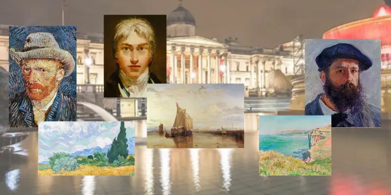 Collage with portraits  of van Gogh, Turner,and Monet with their artwork.