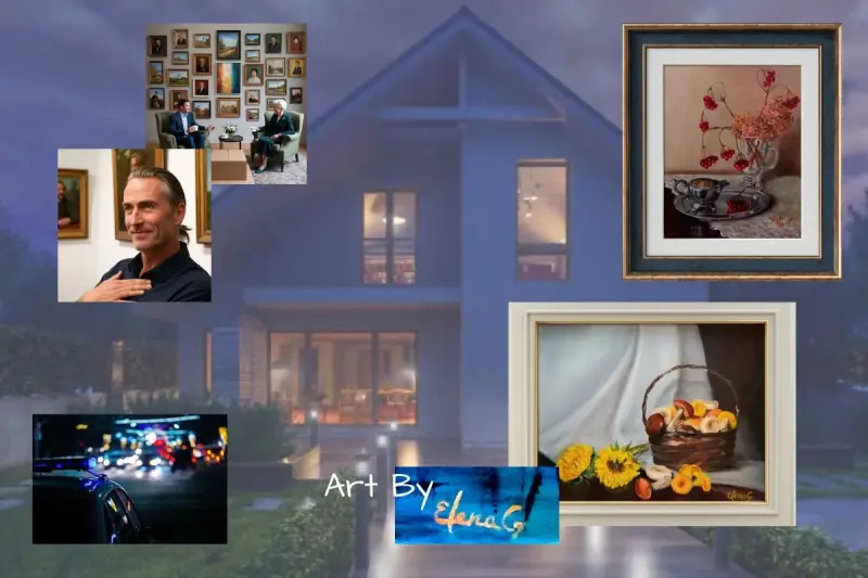 The night residence, decorated in a gentle light blue, displays ElenaG's original still lifes, logo, and gorgeous blog character portrait.