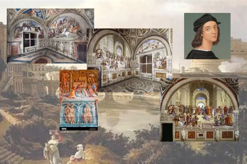 Against the backdrop of a Roman landscape is a portrait of Raphael and fragments of his church paintings.