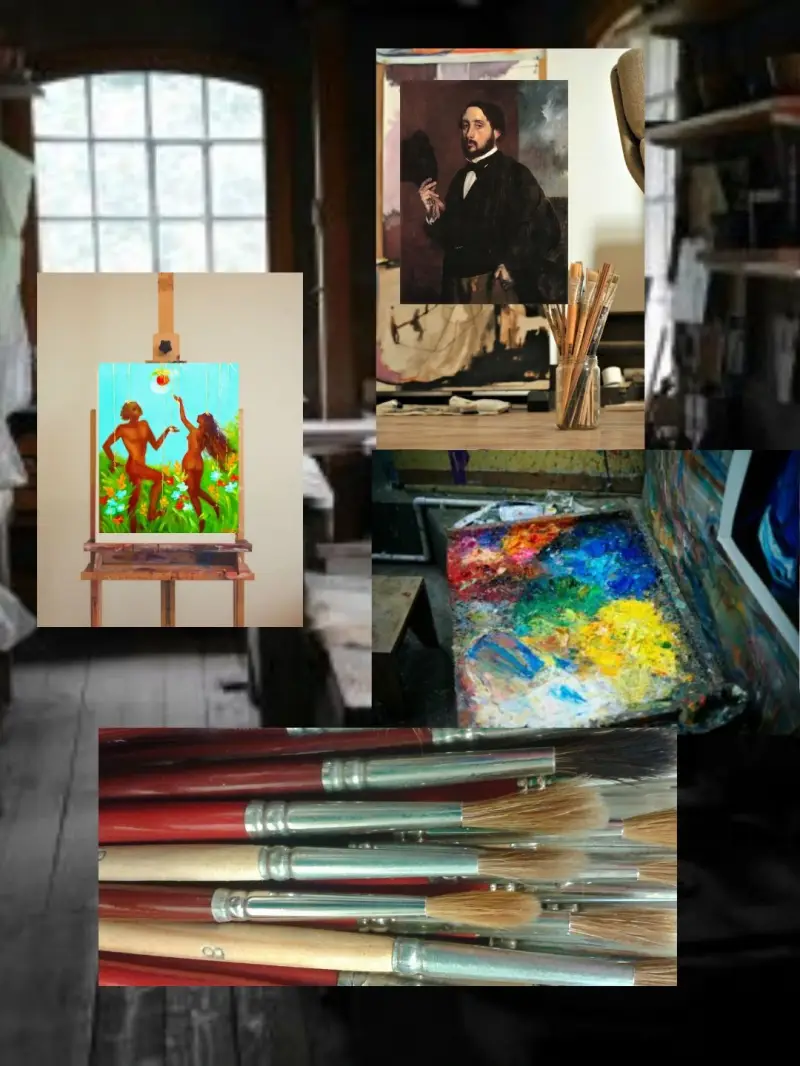  The colourful mess in the artist’s studio with the painting in progress, brushes, and easels.