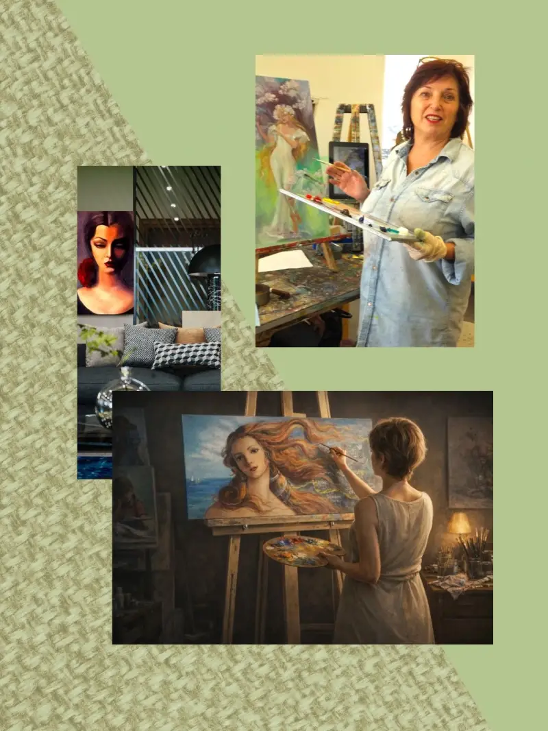 The artist Elenag stands before the easel, with an image of her oil painting from the portrait series.