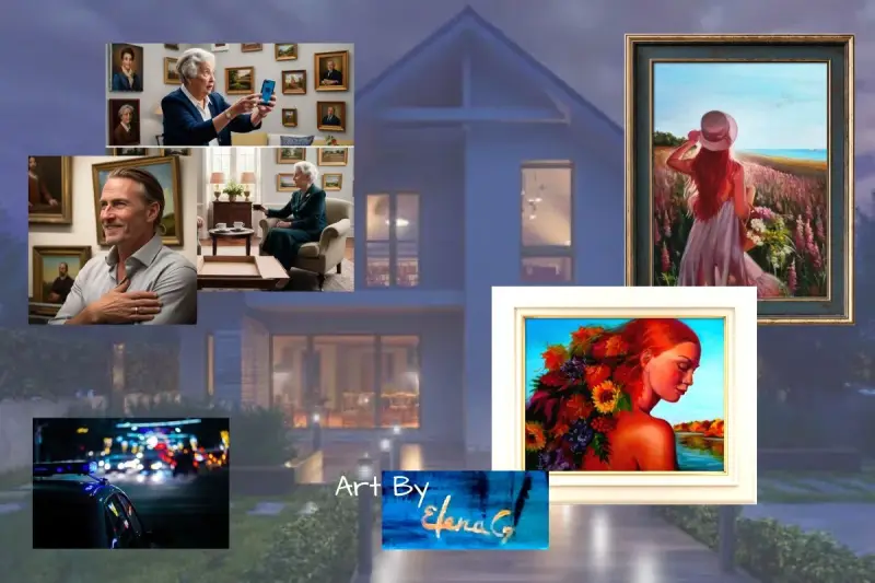 The night residence, decorated in a gentle light blue, displays Elena's original portrait paintings, logo, and blog character portraits.