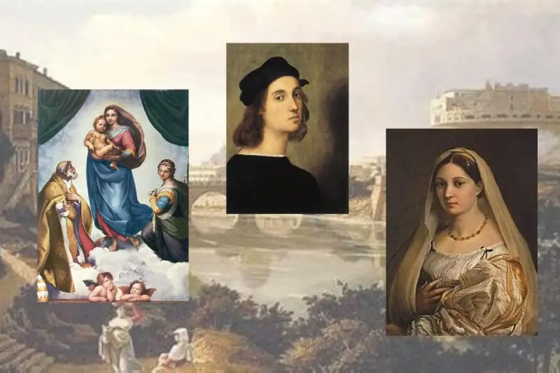 Against the backdrop of a Roman landscape are portraits of Raphael and Margherita Luti, as well as his painting entitled Sistine Madonna. 